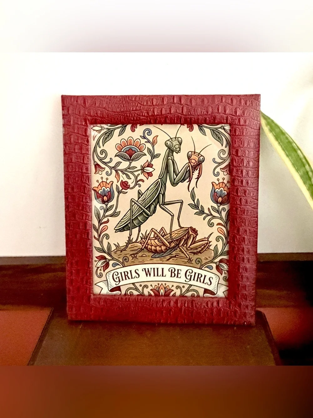 Girls Will Be Girls Praying Mantis Canvas Art Print Red Croc Faux Leather Framed